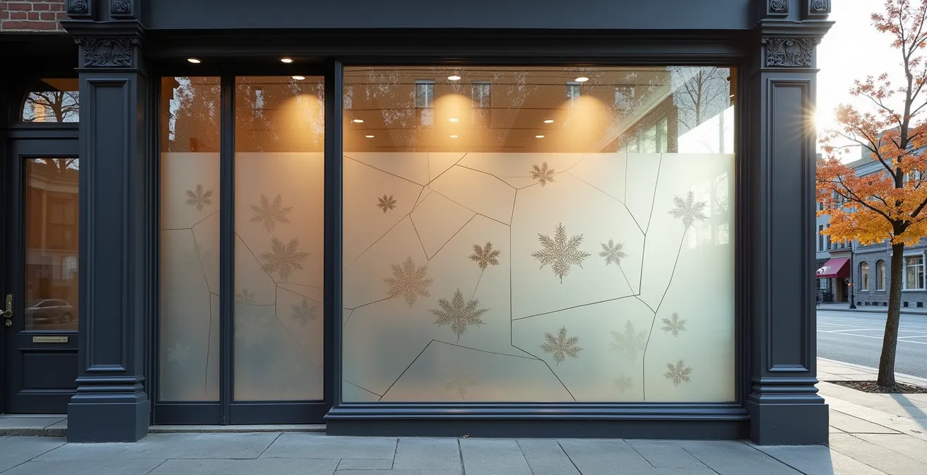 Devanture de commerce avec habillage vinyle élégant dans une rue commerciale québécoise