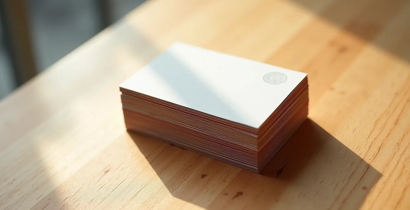 Gros plan sur une pile de cartes d'affaires montrant les bords parfaitement alignés sans liseré blanc