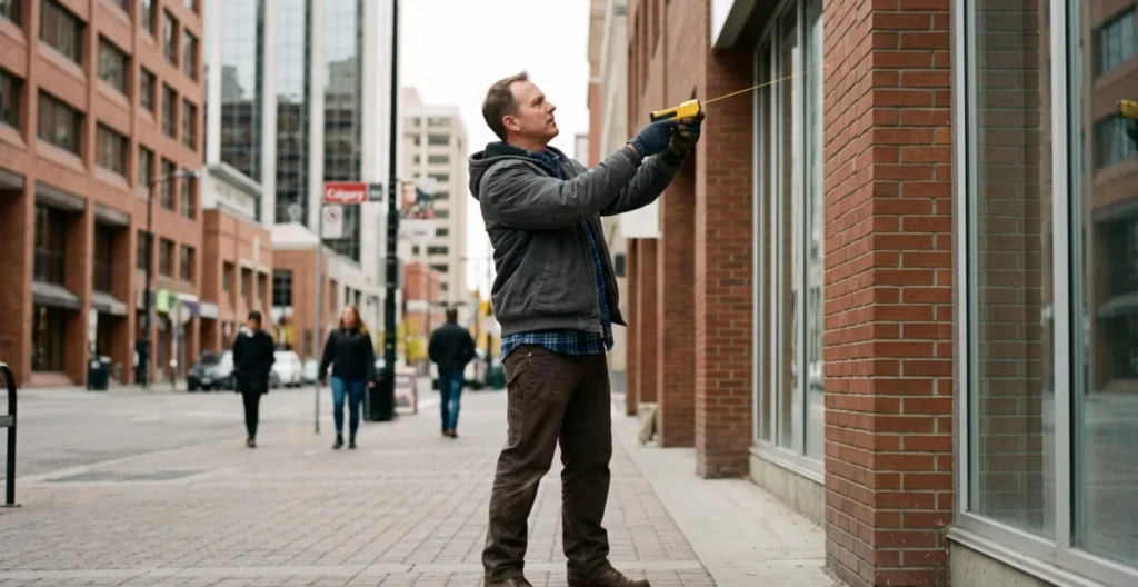 Signage consultant measuring commercial building facade with laser measuring device during pre-installation site assessment in Calgary Signage consultant measuring commercial building facade with laser measuring device during pre-installation site assessment in Calgary