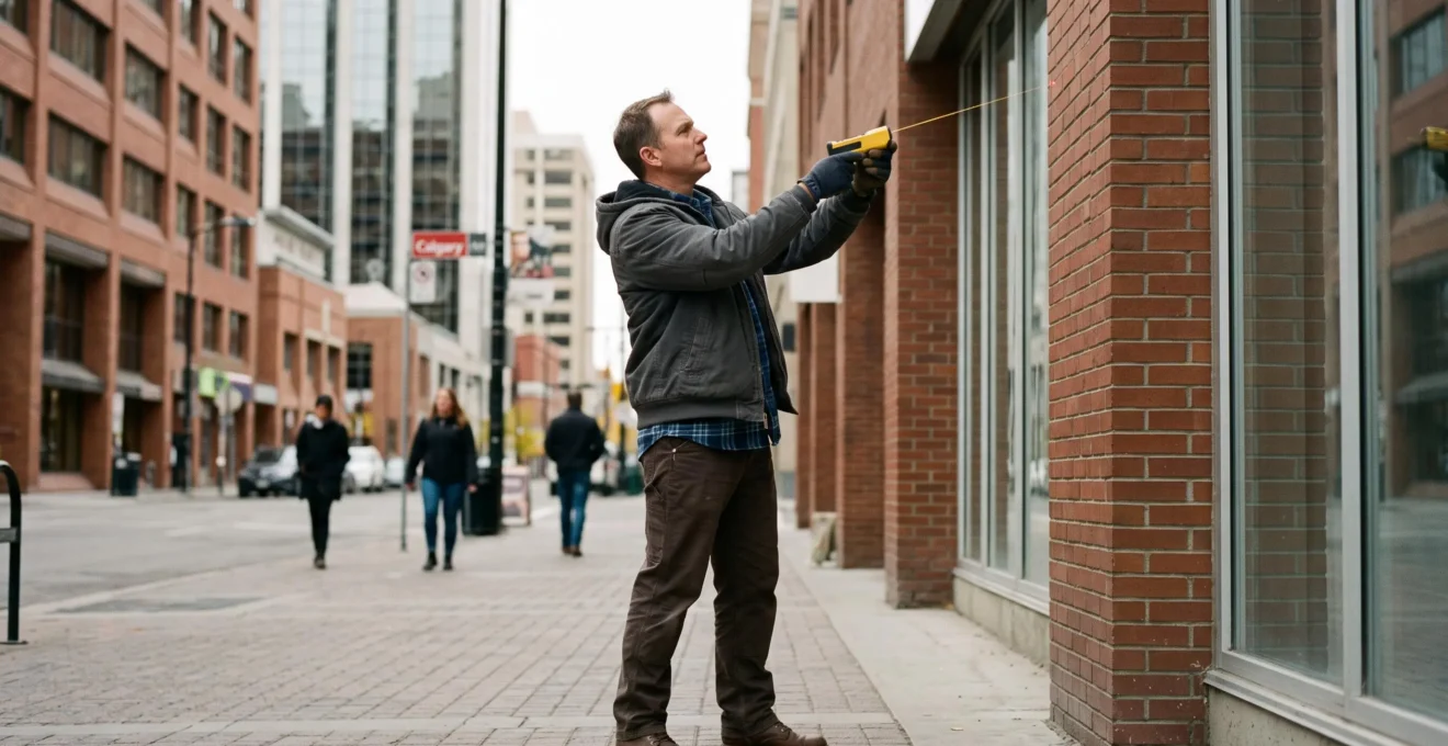 Signage consultant measuring commercial building facade with laser measuring device during pre-installation site assessment in Calgary