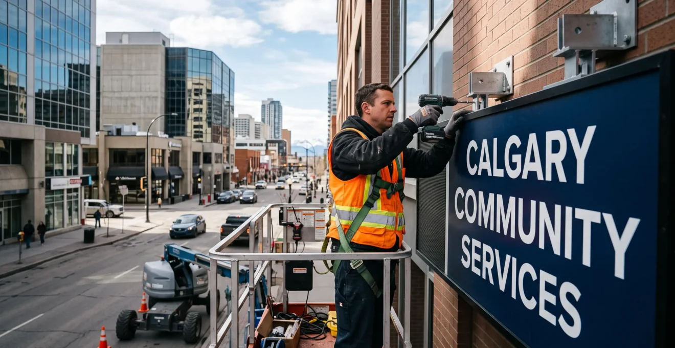 Professional installer securing a large commercial LED sign to a Calgary storefront facade from a hydraulic lift platform