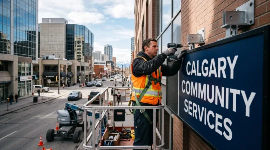 Professional installer securing a large commercial LED sign to a Calgary storefront facade from a hydraulic lift platform