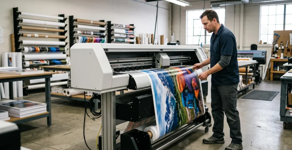 Print operator inspecting large-format digital print quality as colorful vinyl graphics emerge from professional wide-format printer Print operator inspecting large-format digital print quality as colorful vinyl graphics emerge from professional wide-format printer