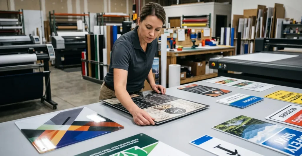 Quality control specialist examining diverse finished signage materials including aluminum composite, acrylic, and vinyl panels in print shop inspection area Quality control specialist examining diverse finished signage materials including aluminum composite, acrylic, and vinyl panels in print shop inspection area